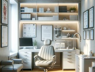 Praxisumzug Heidenheim. Ein Empfangszimmer einer Arztpraxis mit Arbeitstisch, Stuhl und einem Regal voller Bücher, nach einem Umzug mit A2B Umzüge.